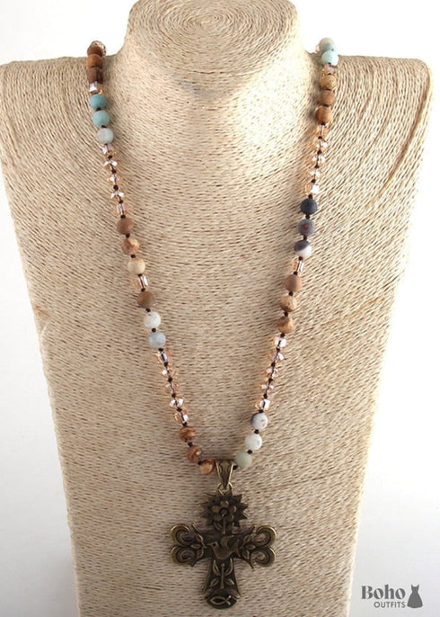 Boho Necklace, RH Precious Lava Stone, Cross and Bird